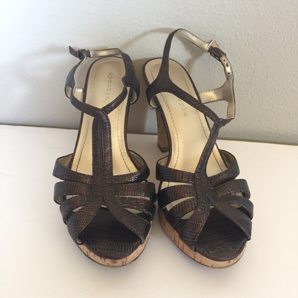 Apostrophe T-Strap Brown Open-Toe Wedge Sandals
